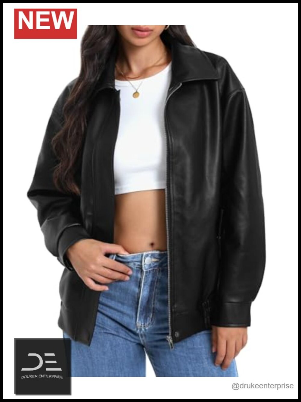 Women's Faux Leather Jacket Oversized Motorcycle Zip Coat